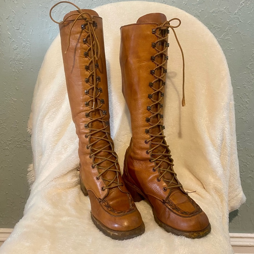 Rare Zodiac Vintage 60s / 70s 1967 Tall Leather Lace Up Cognac Hippie Boots